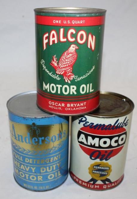 Group of 3 Falcon, Anderson's, Amoco Metal One Quart Oil Cans (1 of 2)