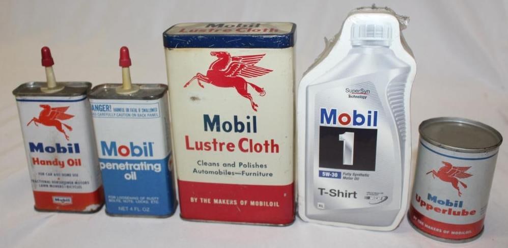 Group of 5 Mobil Advertising Cans: largest 5.5" x 3.5" x 1.5", 1 shirt