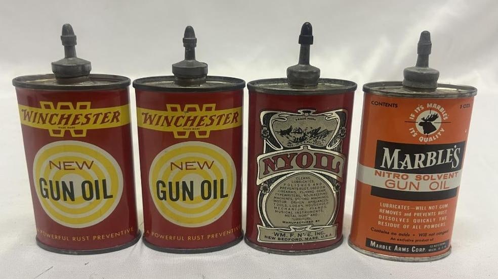 Group of 4 Lead Top Gun Handy Oiler Cans Winchester, Marble's, Nyoil: all 3oz cans