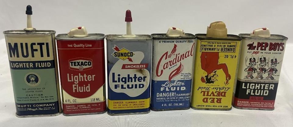 Group of 6 Lighter Fluid Oiler Cans Pep Boys, Texaco, Sunoco, Red Devil, Cardinal (1 of 2)