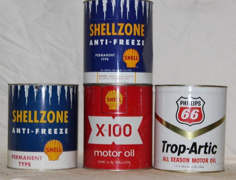 Group of 4 1 Gallon Oil and Antifreeze Cans Shell, Phillips 66 (1 of 2)