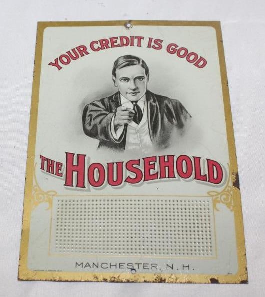 The Household "Your Credit Is Good" Manchester NH Advertising Tin Match Strike Sign (1 of 2)