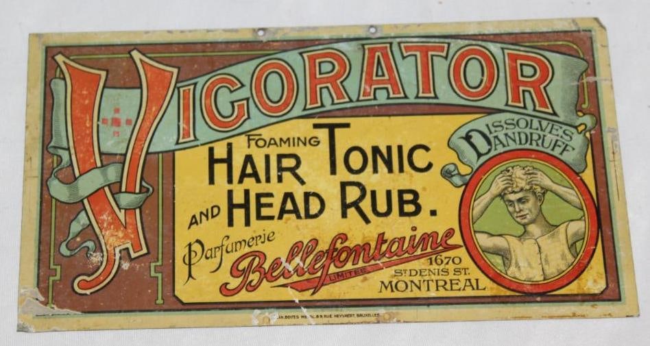 Early Vigorator Hair Tonic and Rub Advertising Tin Sign (1 of 2)