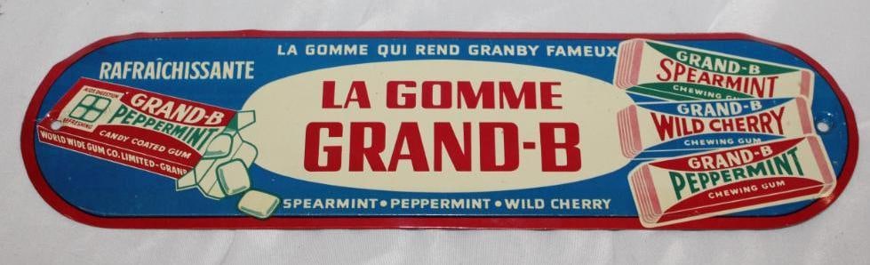 Grand-B Peppermint Gum Advertising Tin Sign: It has a raised edge. It is in very good condition with only minor wear. 13.5" x 3.5"