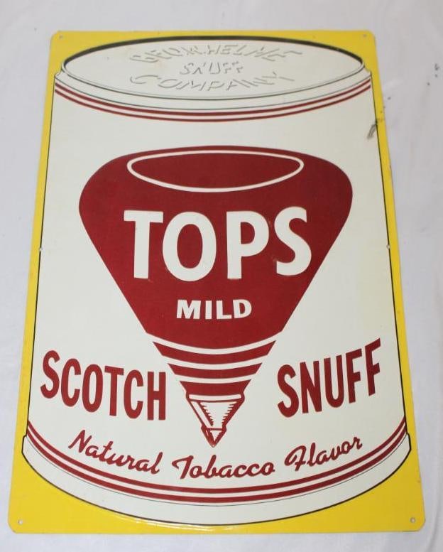 Tops Mild Scotch Tobacco Snuff Embossed Tin Advertising Sign (1 of 2)