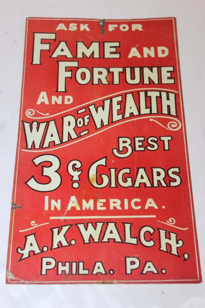 Fame and Fortune and War of Wealth Cigars Advertising Tin Tacker Sign (1 of 2)