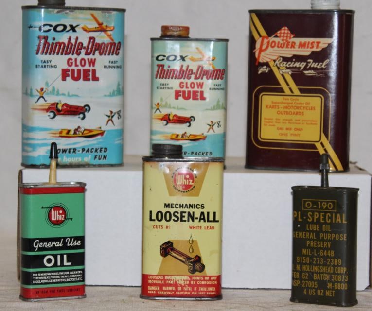 Group of 6 Oil and Product Cans Thimble-Drome, Whiz, Power-Mist: largest 1 pint