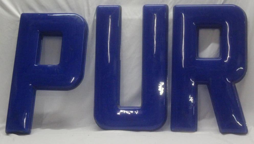 Group of Pure Oil Plastic Advertising Letters: 30" tall each. There are some scratches and wear without any visible cracks. It is missing the "E". Only has P, U, R.