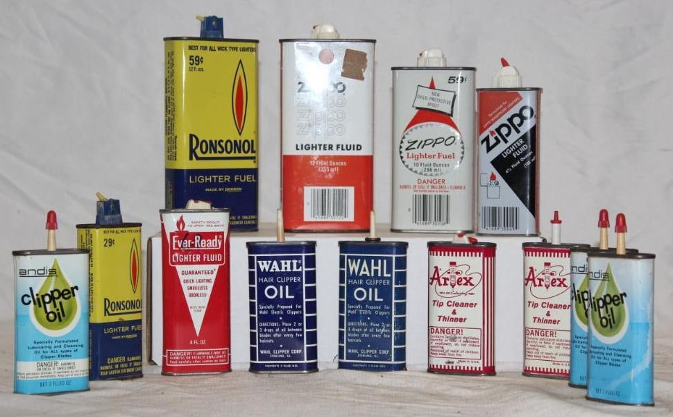Group of 13 Oiler and Lighter Fluid Cans Zippo, Artex, Wahl, Andis, Ronson (1 of 2)
