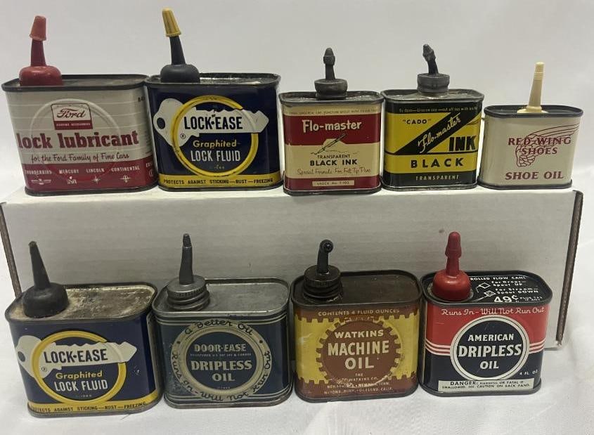 Group of 9 Handy Oiler Cans Ford, Watkins, Red Wing: largest 4oz