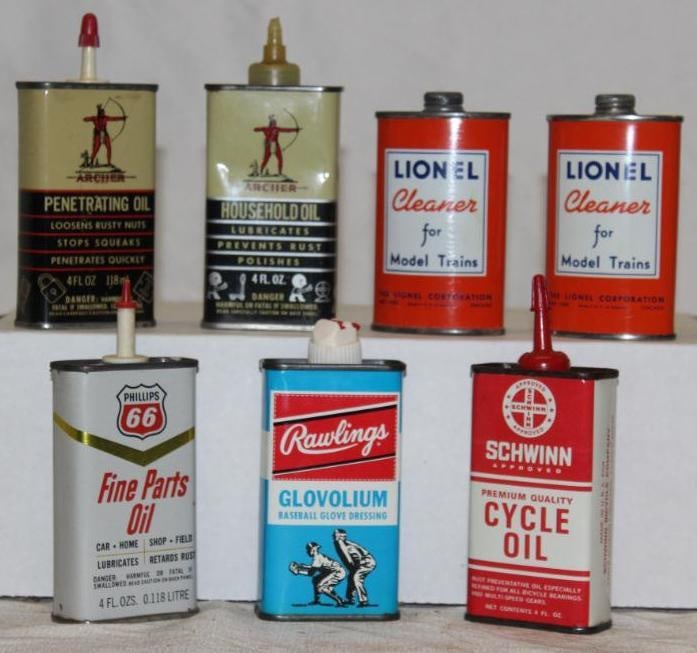 Group of 7 Handy Oiler Cans Lionel Trains, Archer, Schwinn, Phillips 66, Rawlings (1 of 2)