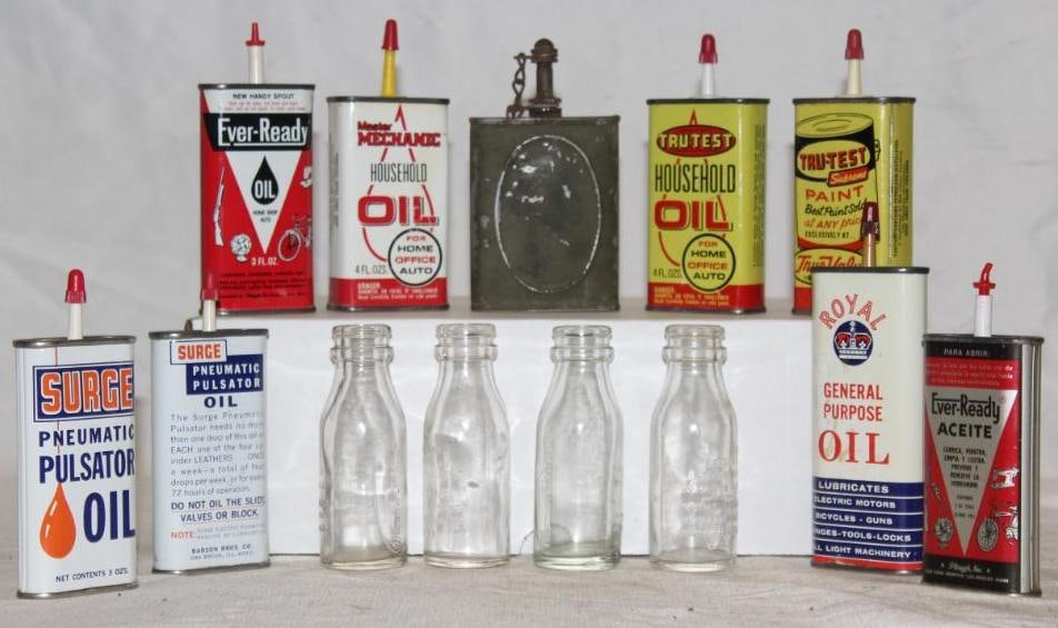 Group of 13 Handy Oiler Cans and Bottles Royal, Tru-Test, Surge, Edison: largest 4oz