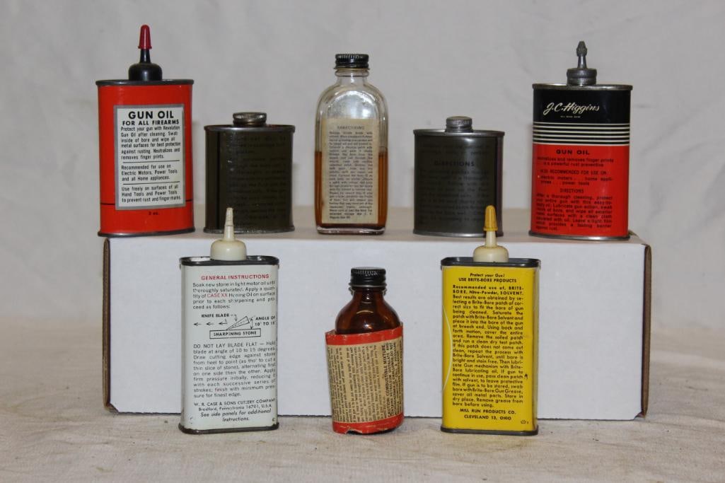 Group of 8 Gun Oil Oiler Cans Case, J.C. Higgins, Revelation: largest 4oz, 1 is lead top