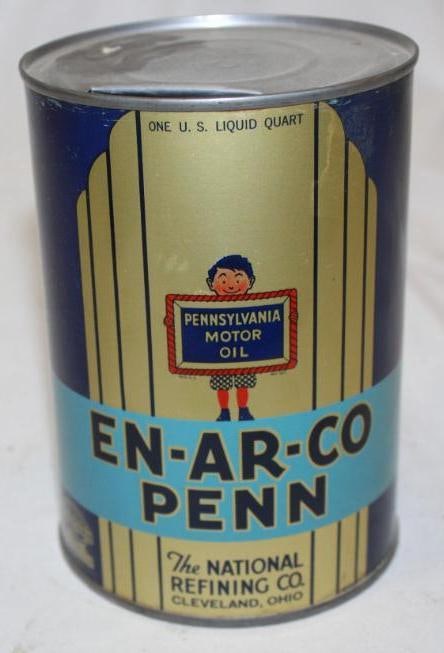 En-Ar-Co Penn Metal One Quart Motor Oil Can: It is in very good condition with only minor wear and light scratches. It is empty with 1 holes in the top lid.