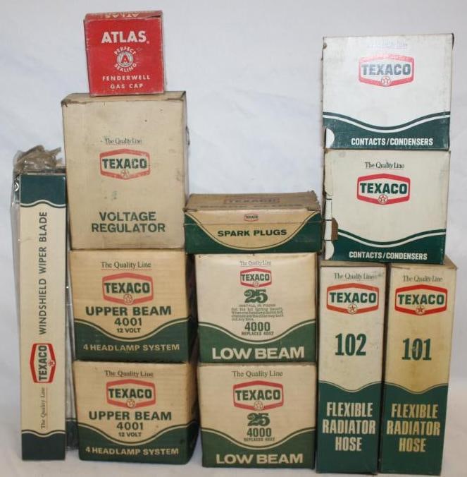 Group of 12 NOS Texaco Automobile Products: All with original boxes. Largest is 7" x 5" x 3"