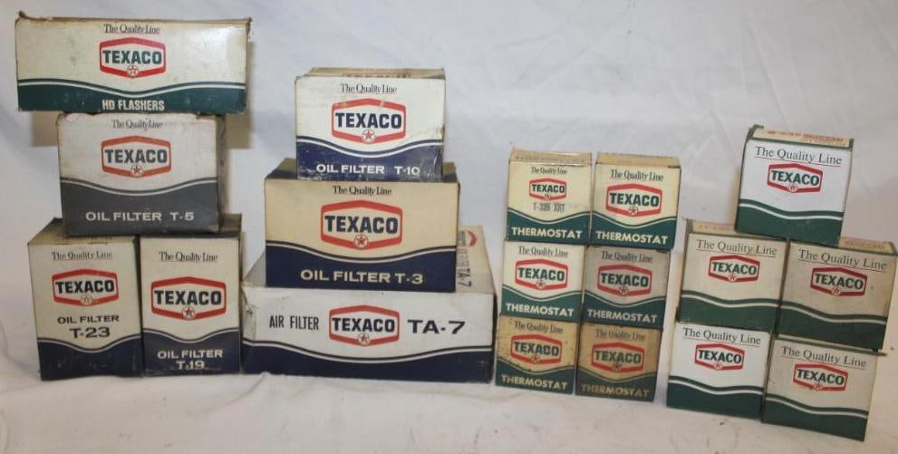Group of 18 NOS Texaco Automobile Products: All with original boxes. Largest is 9" x 9" x 3"
