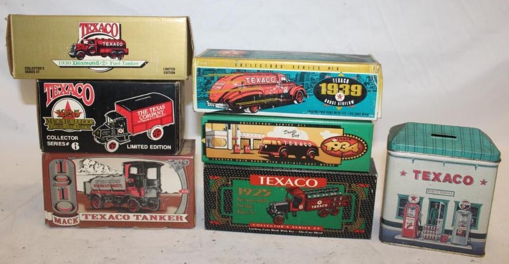 Group of 7 Texaco Advertising Banks 6 Vehicles 1 Metal Station (1 of 2)