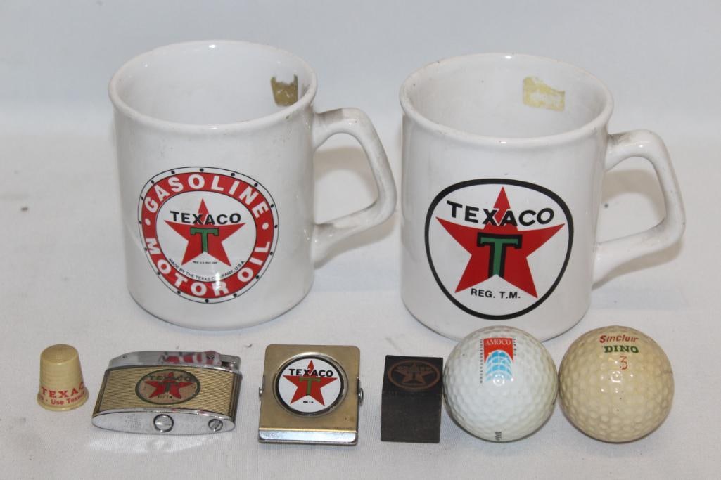 Group of Texaco Advertising Items Lighter, Mugs, Stamp, Golf Balls: largest 4" x 3.25"