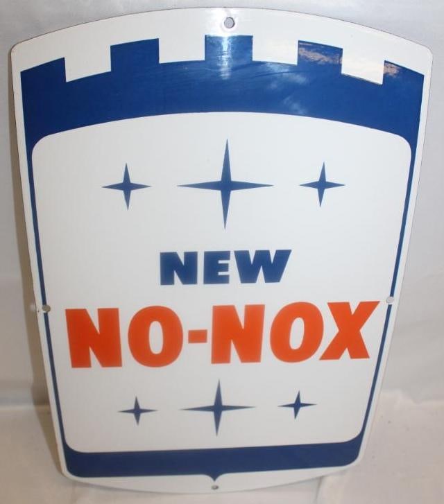 Gulf New No-Nox Porcelain Gas Pump Plate Sign: 17.75" x 11.5" It has good color and gloss. It is in very good condition with slight edge wear.