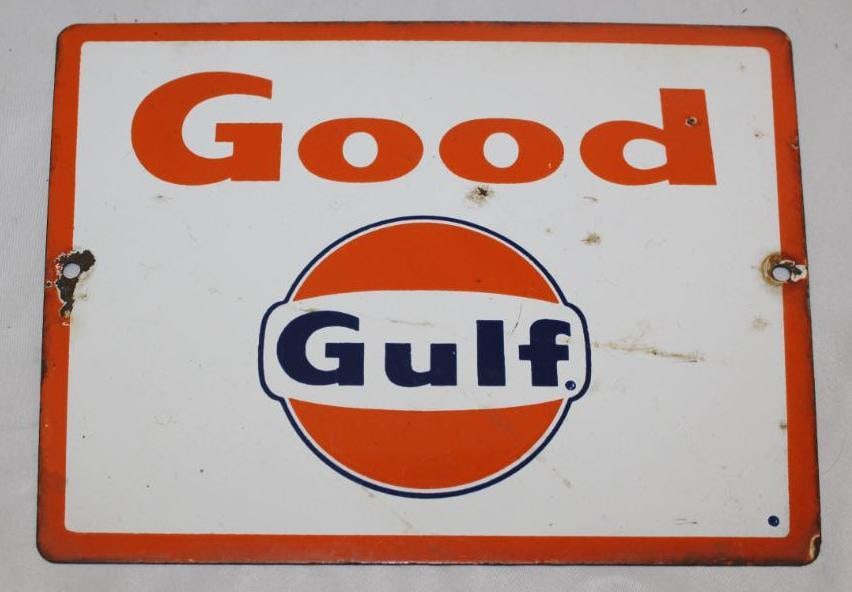 Good Gulf Porcelain Gas Pump Plate Sign: 11.25" x 8.5". It is in good condition with good color and gloss with only minor edge wear and some chips around the mounting holes and a couple small chips in the field.