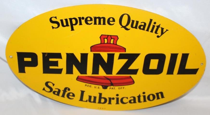 Pennzoil Supreme Quality Safe Lubrication Metal Advertising Sign: 16.5" x 10" It good condition with some light wear and scratches. It is marked AM 7-77.