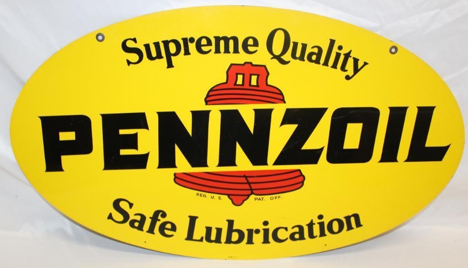 Pennzoil Supreme Quality Safe Lubrication Metal Advertising Sign: 31" x 18". It is in good condition with some minor wear and scratches. It is marked AM 6-77