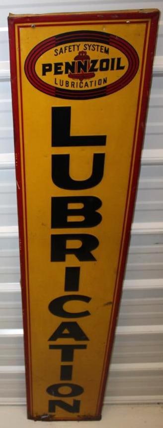 Pennzoil Lubrication Vertical Embossed Tin Advertising Sign: The bottom edge is rusted. It has a rolled edge and wood frame. The bottom portion of the wood frame is missing. 60" x 12"