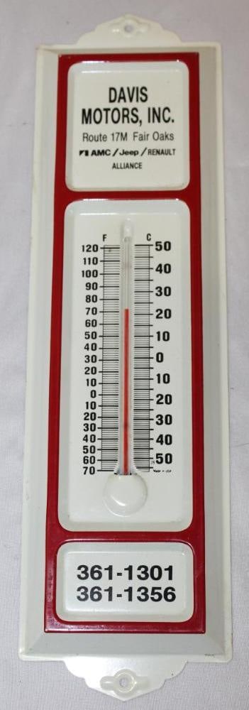 Davis Motors Advertising Jeep AMC Renault Thermometer: it is working, in very good condition with only minor wear, 13" x 3.5"