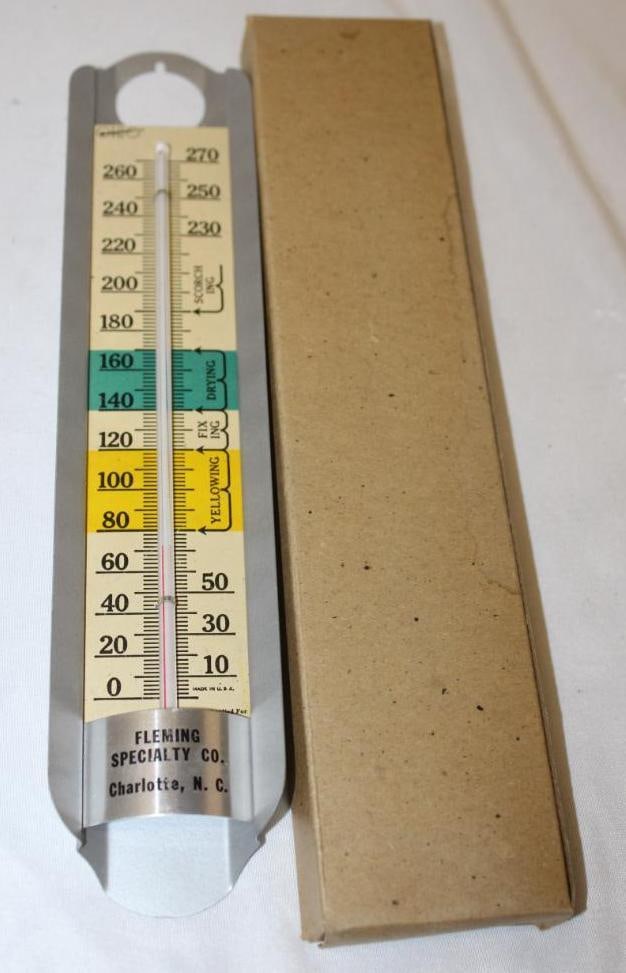 NOS Flemings Specialty Company of Charlotte Metal Advertising Thermometer: has original box, 11" x 2.5", in working condition