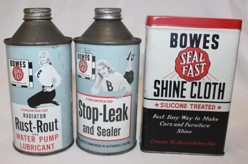 Group of 3 Bowes Graphic Advertising Cans: largest 5.5" x 3.5" x 1.5"