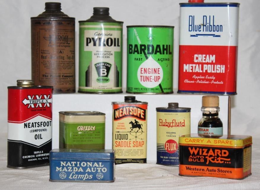 Group of 11 Automobile Product Accessory Cans National, Bardol, Pyroil, Wizard (1 of 2)