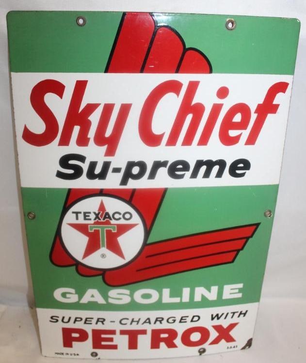 Texaco Sky Chief Supreme Petrox Porcelain Gas Pump Plate Sign: It is marked 3-5-62. It has good color and gloss. It has some edge and corner chips. 18" x 12"