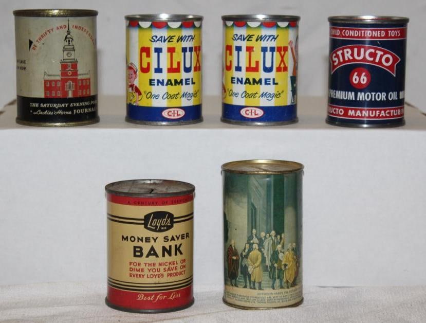 Group of 6 Oil Can and Advertising Banks Structo, Curtis Publishing, Cilux (1 of 2)