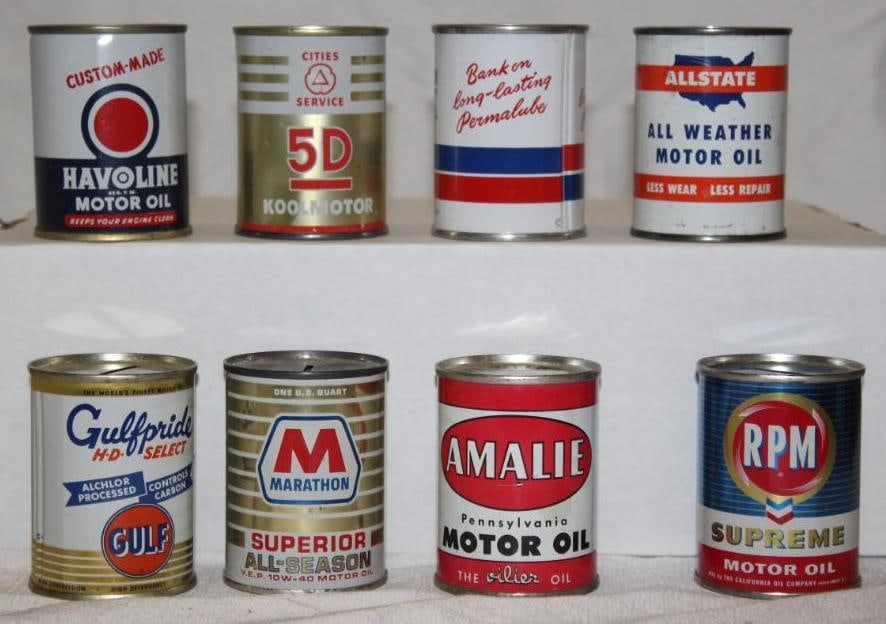 Group of 8 Oil Can Advertising Banks Havoline, Gulf, Marathon, Cities Service, RPM (1 of 2)