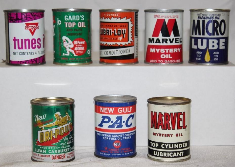 Group of 8 Advertising Oil Product Cans Gulf, Conoco, Dri-Powr, Marvel (1 of 2)