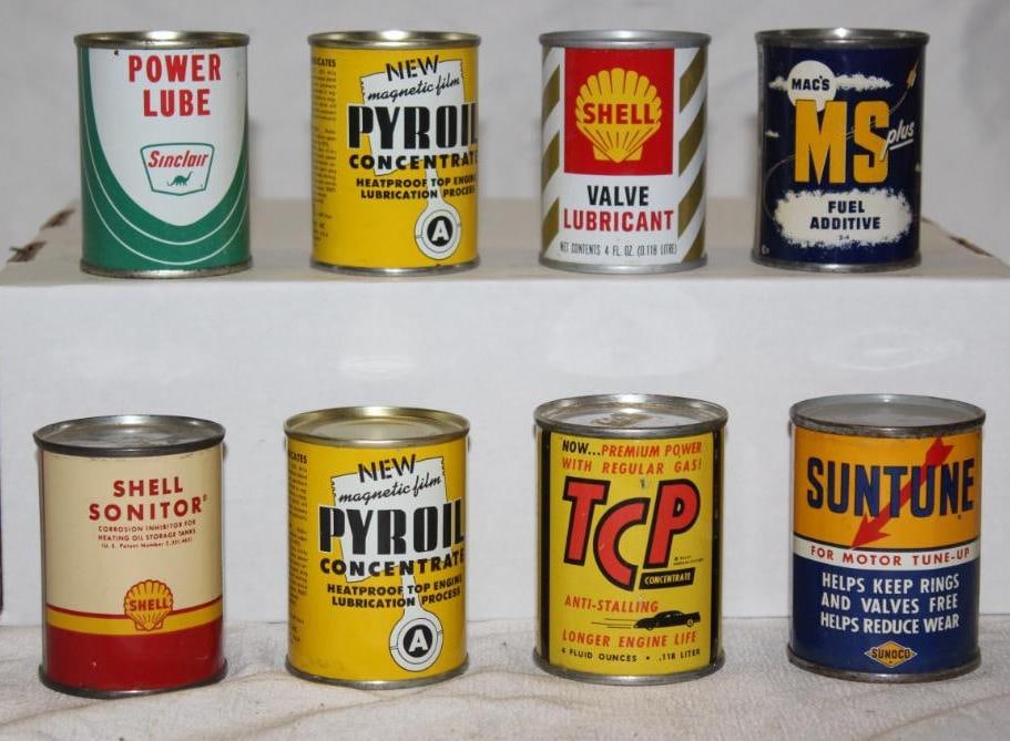 Group of 8 Advertising Oil Product Cans Sunoco, Sinclair, Shell, Max's, Pyroil (1 of 2)