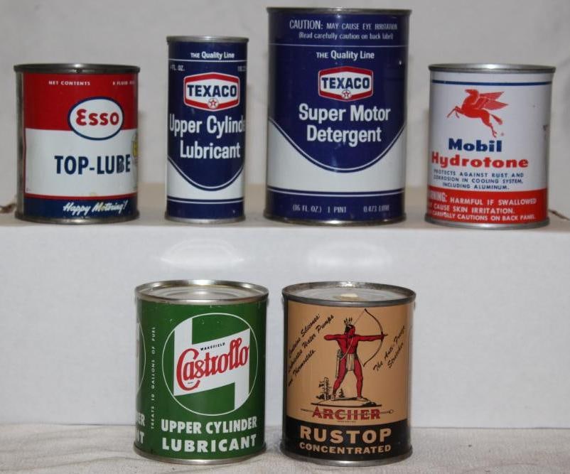 Group of 6 Advertising Oil Product Cans Castrol, Texaco, Mobil, Archer, Esso (1 of 2)