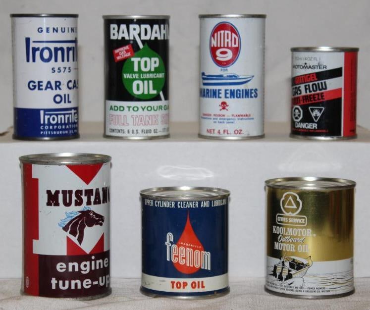 Group of 7 Advertising Oil Product Cans Nitro 9, Pheenom, Cities Service, Mustang (1 of 2)