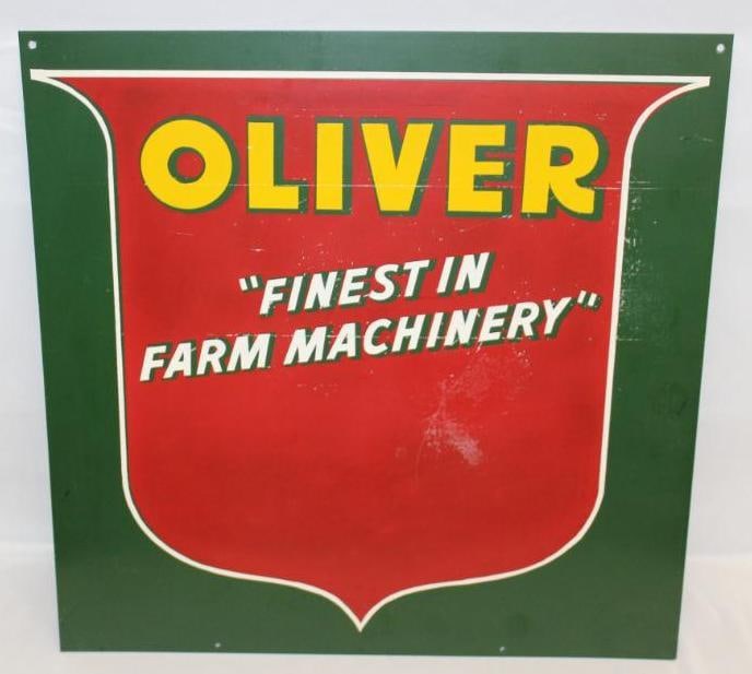 Oliver Tractors Dealership Advertising Sign Reproduction: It has some wear to the field. It is 24" x 24". It is a modern metal reproduction sign.