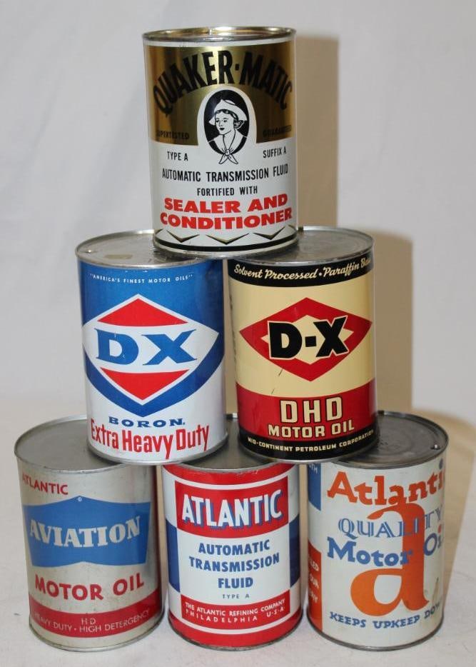 Group of 6 Atlantic, DX, Quaker Maid Metal One Quart Oil Cans (1 of 2)