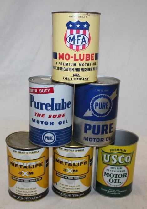 Group of 6 Metalife, USCO, MFA, Pure Metal One Quart Oil Cans (1 of 2)