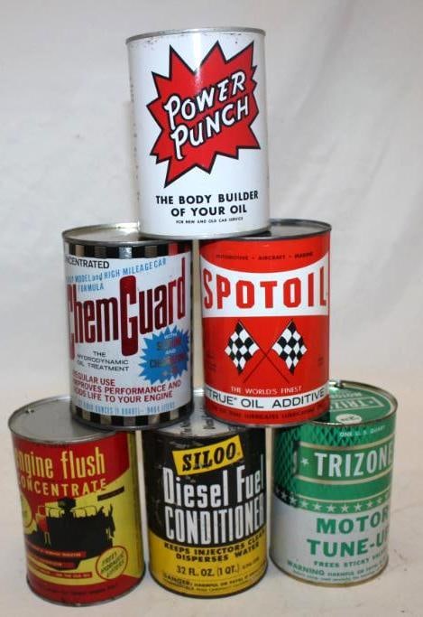 Group of 6 ChemGaurd, Power Punch, Siloo, Spot Oil, and Wynail's Metal One Quart Oil Cans (1 of 2)