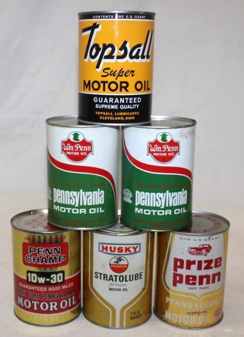 Group of 6 Husky, Wm Penn, Prize Penn, Topsall Metal One Quart Oil Cans (1 of 2)