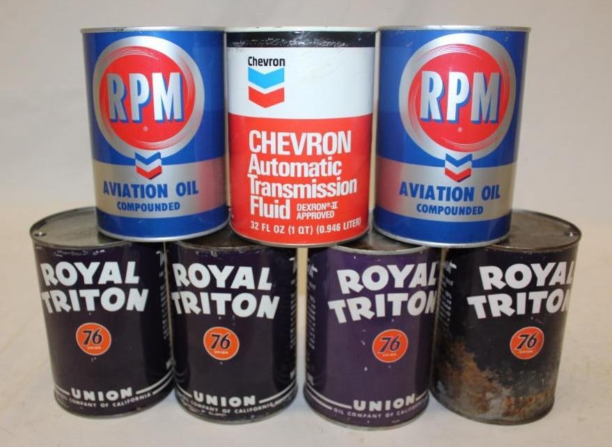Group of 7 Union 76, RPM, Chevron Metal One Quart Oil Cans (1 of 2)