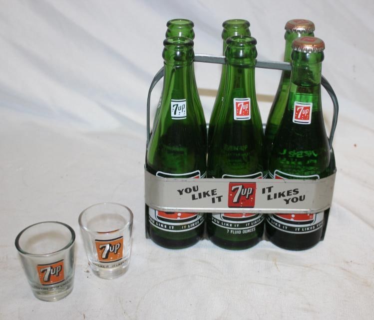 Group of Soda Bottles Advertising Items; 7-Up & Life: 6 Bottles, 1 carrier and 2 shot glasses. All are 7-Up except one Life Sparling Bottles