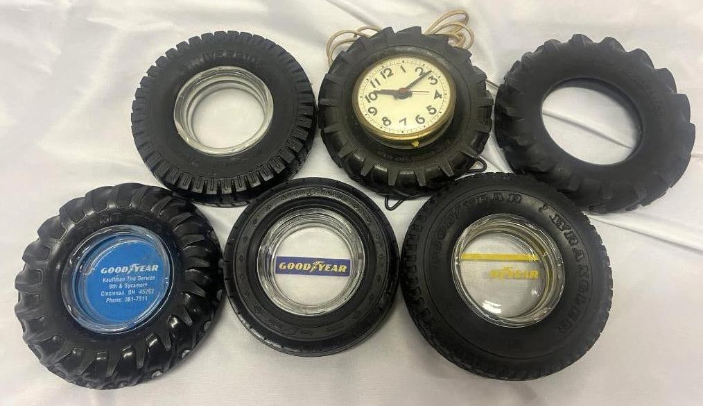 Group of 6 Advertising Tire Ashtrays Goodyear, Riverside, Hood, US Royal (1 of 3)