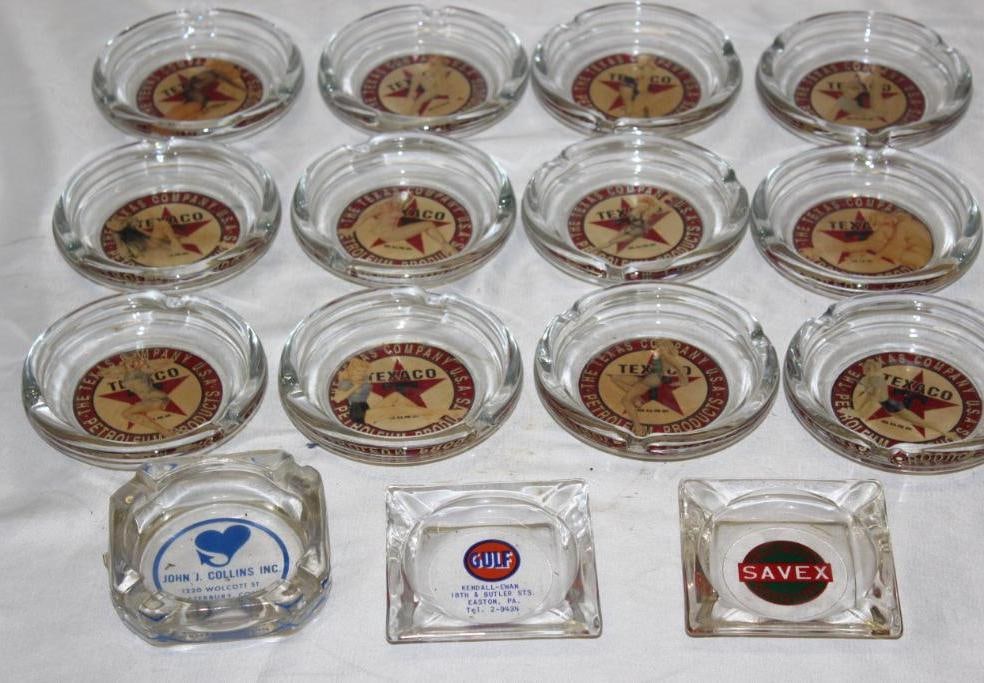 Group of 15 Glass Advertising Ashtrays Gulf, Texaco, Savex (1 of 2)