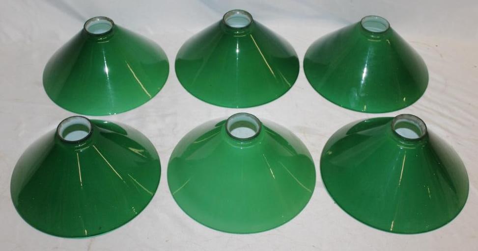 Group of 6 Green Glass Service Station Light Shades (1 of 4)