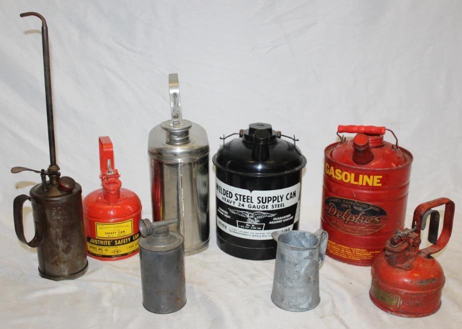 Large Group of 8 Gas & Oil Containers; Delphos, United Labratories, Nesco: The largest is 18.5" tall