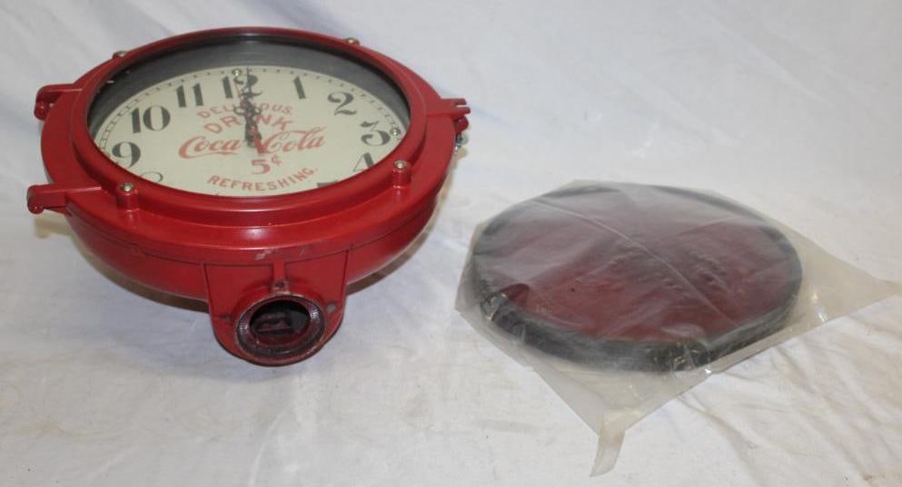 Coca-Cola Advertisign Clock Stop Light: A light housing converted to a clock. 16" x 16" x 7"